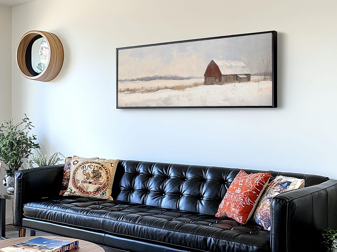 Red Barn Winter Snowy Field Panoramic Farmhouse Landscape Art Poster - Image 5