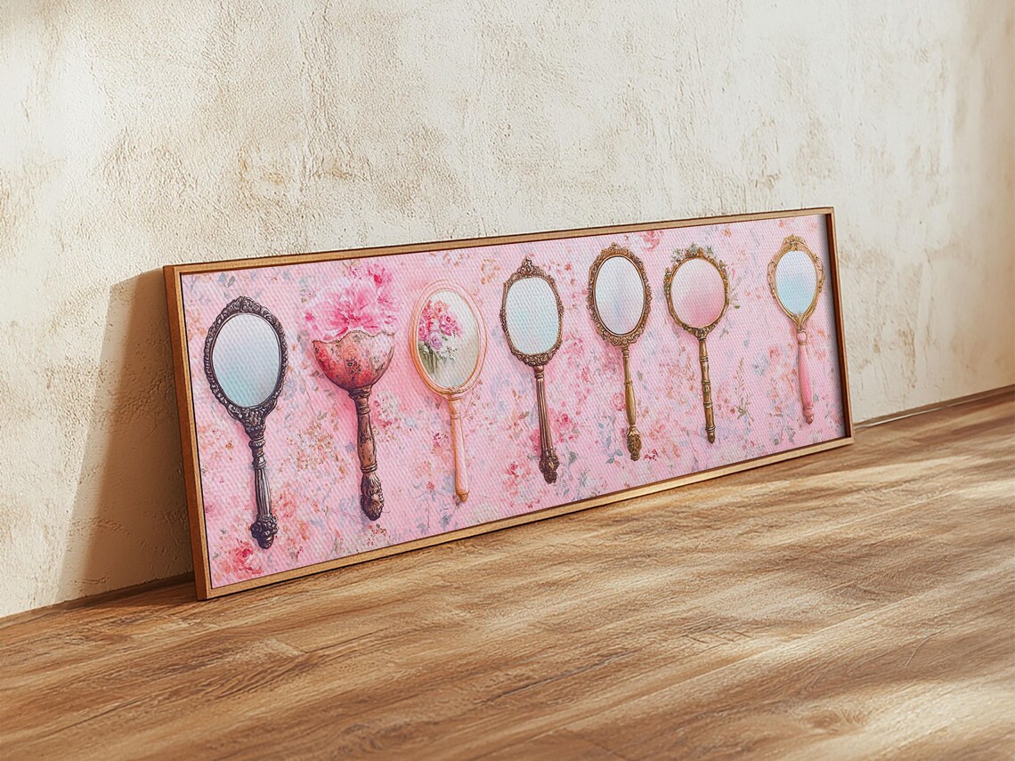 Antique Hand Mirrors Pink Floral Vintage Glam Vanity Wall Art - Image 2