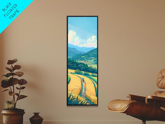 Scenic Countryside Pathway With Fields And Mountains Skinny Framed Print For Wall Decor