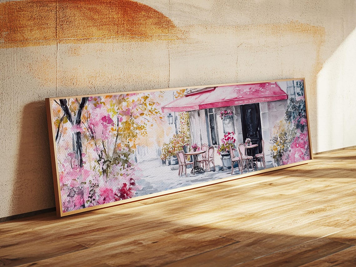 Parisian Cafe Cherry Blossom Painting Framed Print Extra Wide Art Horizontal Wall Art Rustic Above Sofa Decor - Image 2