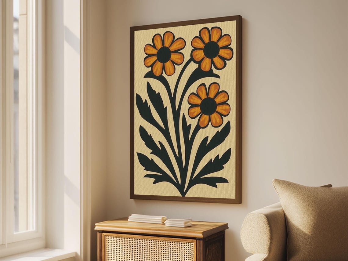 Boho Daisy Flower Floral Botanical Mustard Cream Midcentury Print - Image 4