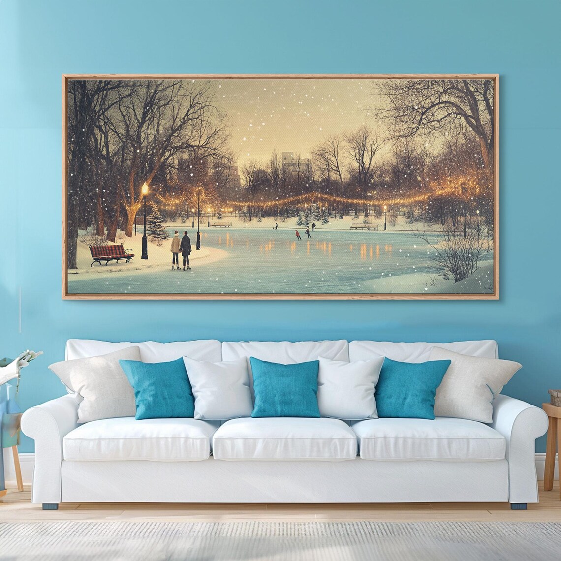 Winter Ice Skating Park Scene With Glowing String Lights Art Print - Image 4