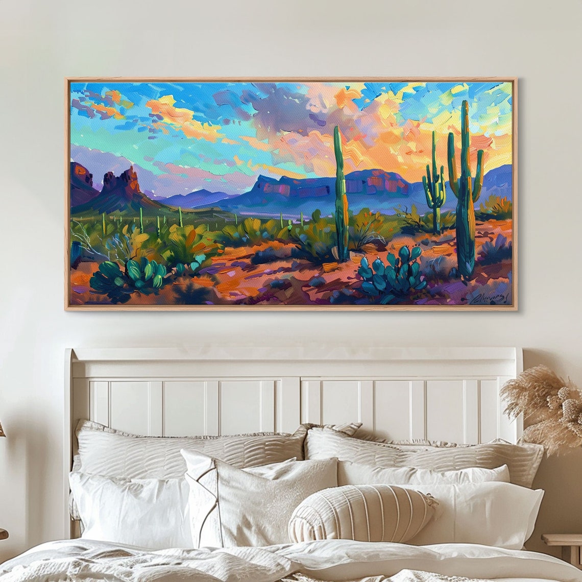 Saguaro Desert Sunset Red Rock Mesas Vibrant Impasto Art Poster - Image 4