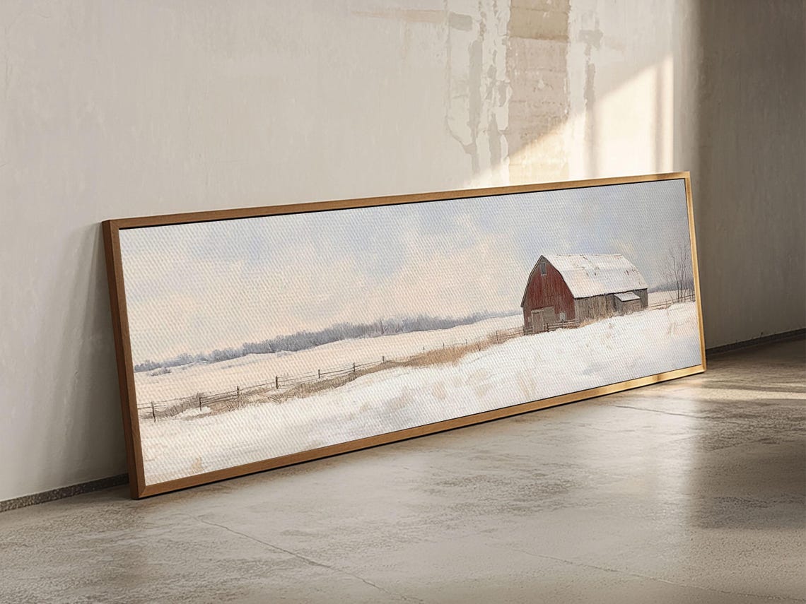 Red Barn Winter Snowy Field Panoramic Farmhouse Landscape Art Poster - Image 4