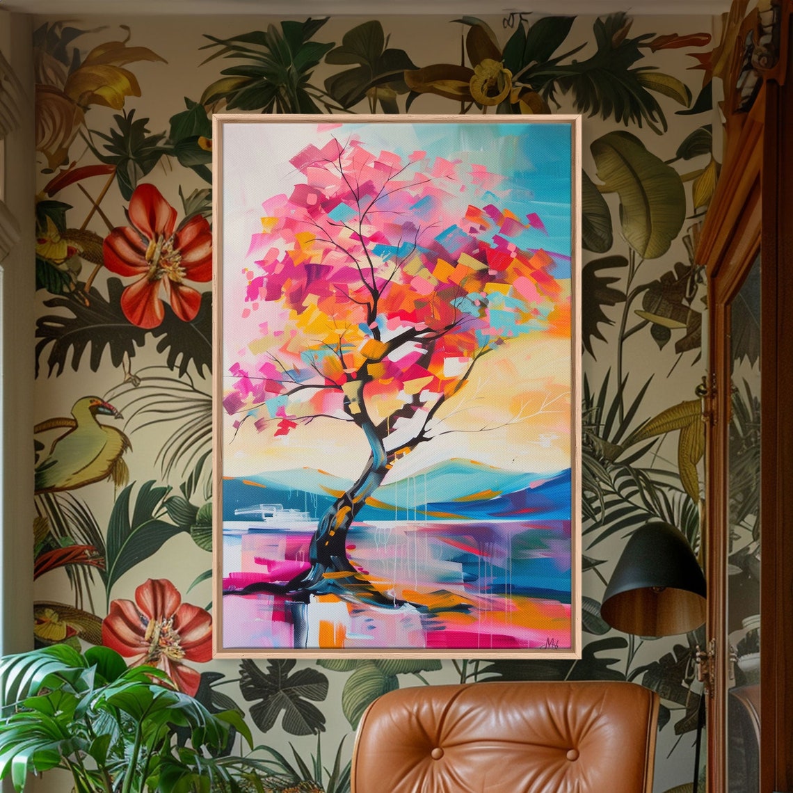 Colorful Windswept Tree By Lake Mountains Sunset Nature Art Poster - Image 3