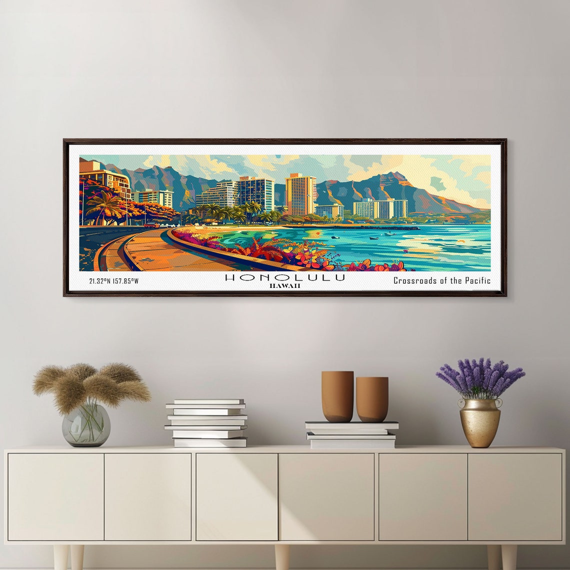 Honolulu Hawaii Panoramic Wall Art Framed Print Mid Century Modern Art Pop Art Style Travel Poster Home Decor Retro Style - Image 4