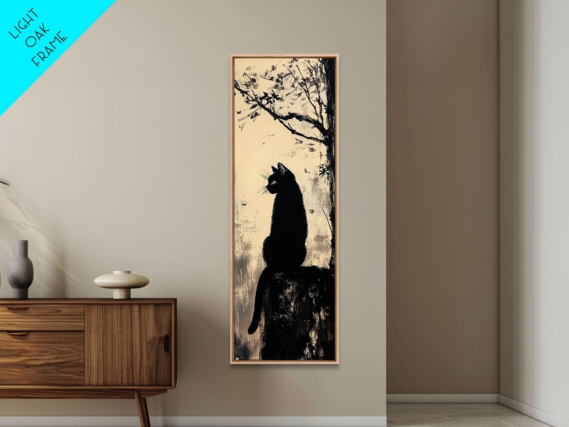 Black Cat Silhouette Night Branch Minimalist Ink Wash Wall Art - Image 2