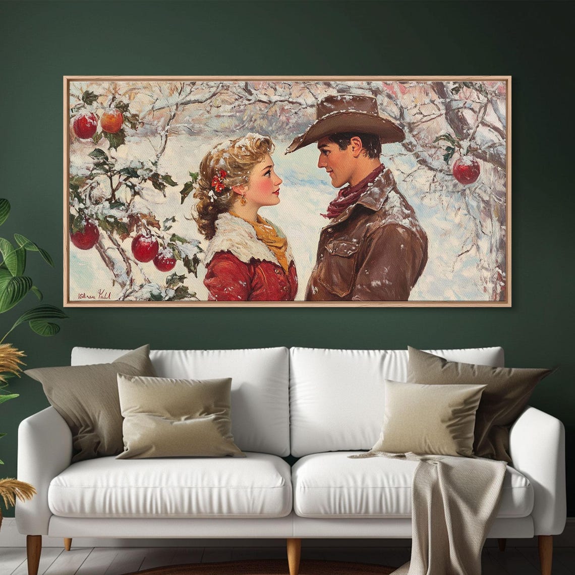 Cowboy Cowgirl Meet Under Mistletoe In Snowy Winter Orchard Poster - Image 5
