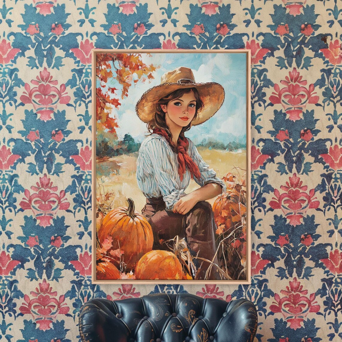 Country Girl With Pumpkins Fall Harvest Rustic Farmhouse Autumn Scene Poster - Image 2