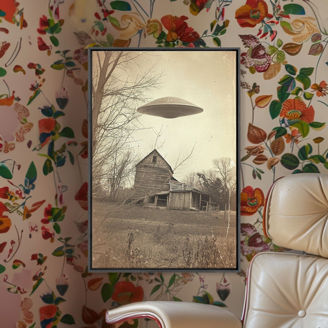 Vintage UFO Flying Saucer Old Barn Sepia Mystery Art Wall Print