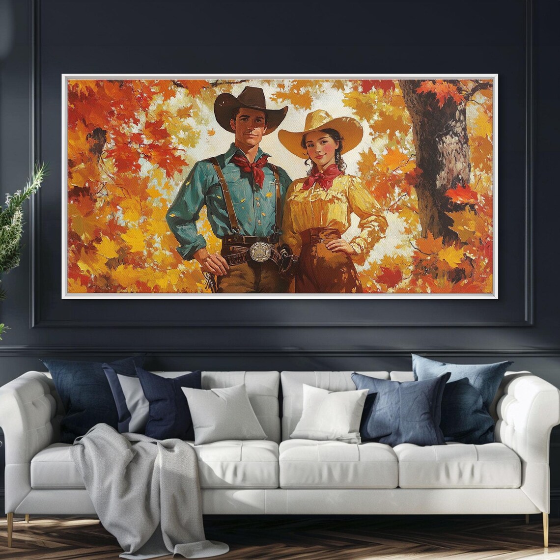 Vintage Cowboy Cowgirl Couple Portrait Among Golden Fall Leaves Poster - Image 4