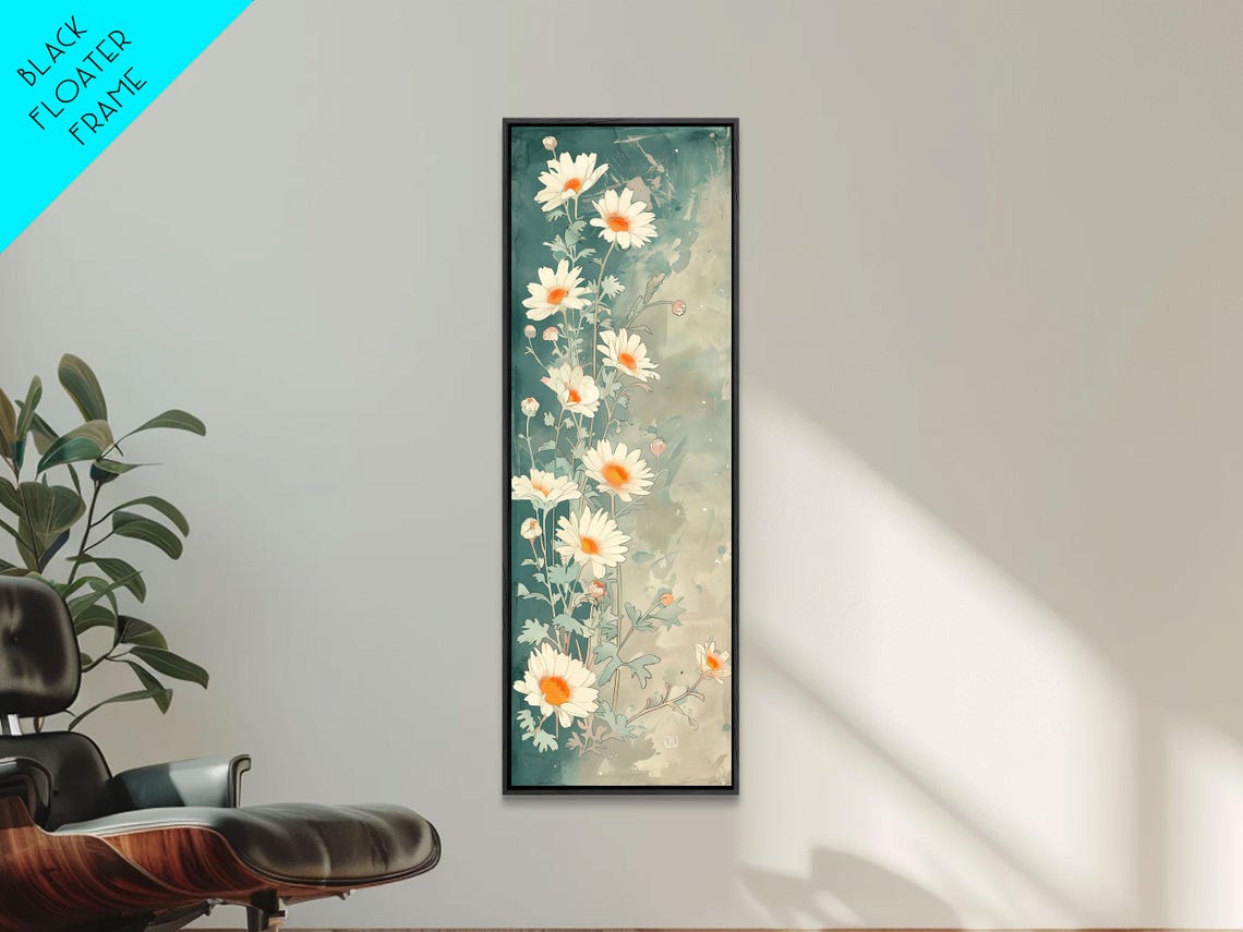 White Daisies With Orange Centers On Deep Teal Ground Art Poster - Image 2