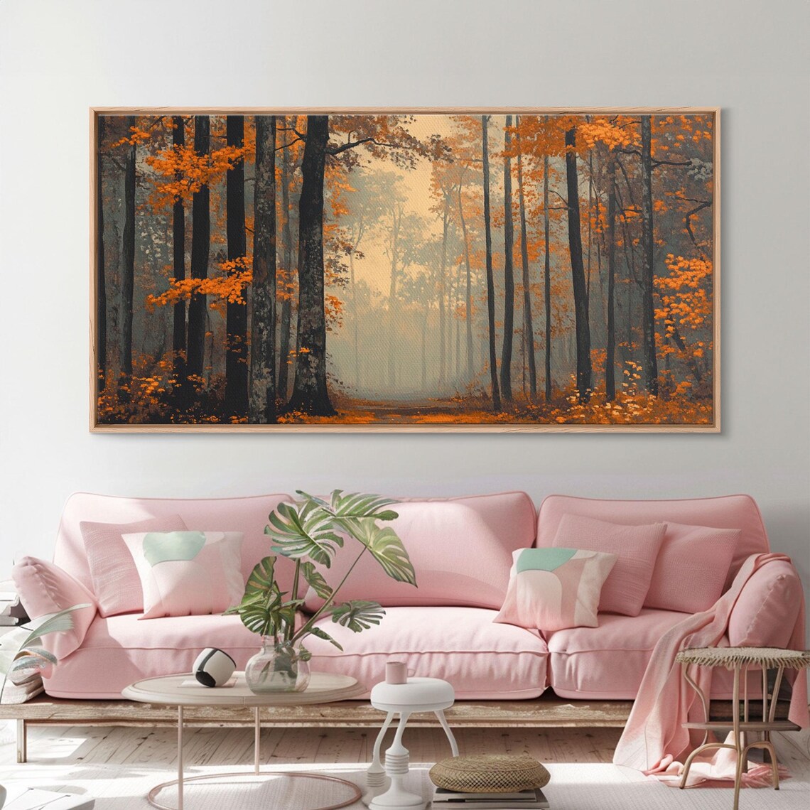 Moody Autumn Forest Tall Trees Orange Canopy Foggy Woods Poster - Image 2
