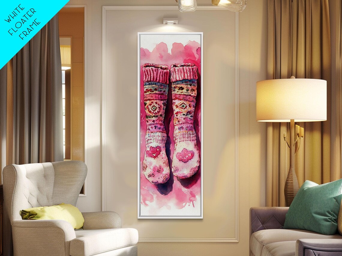 Cozy Pink Knitted Socks With Hearts Watercolor Whimsical Wall Art - Image 5
