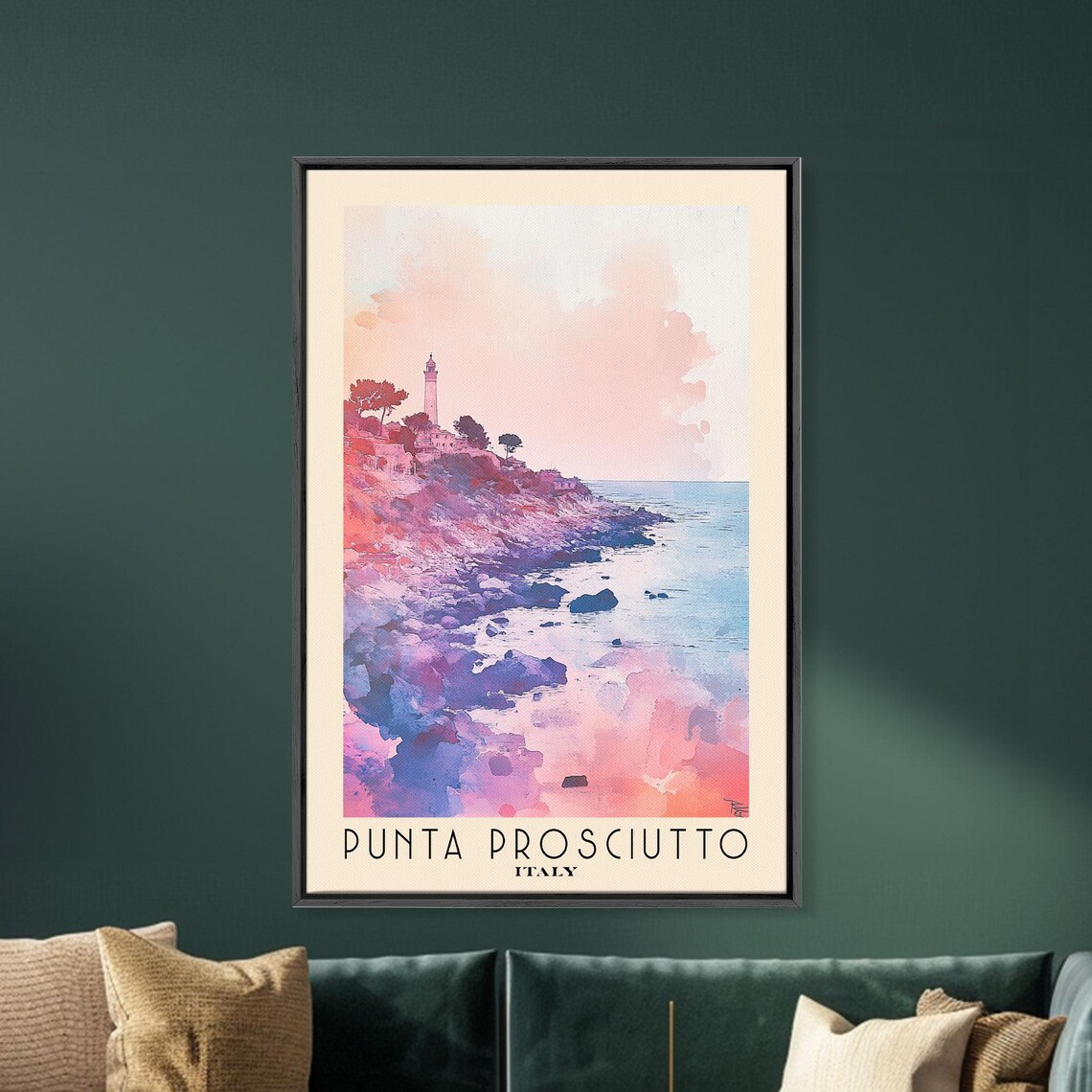 Punta Prosciutto Italy Lighthouse Rocky Headland Pink Sunset Coast Watercolor Poster - Image 5
