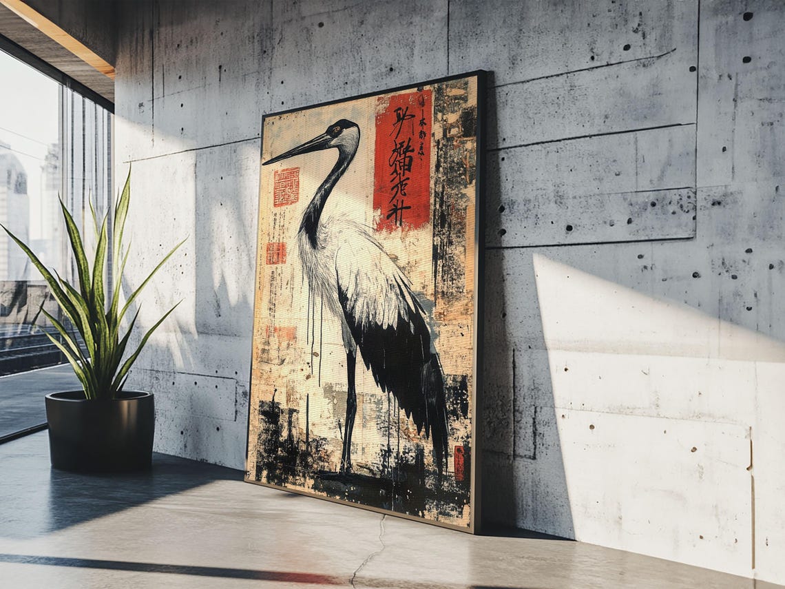 Japanese Red Crowned Crane Ink Painting Vintage Asian Bird Poster - Image 4