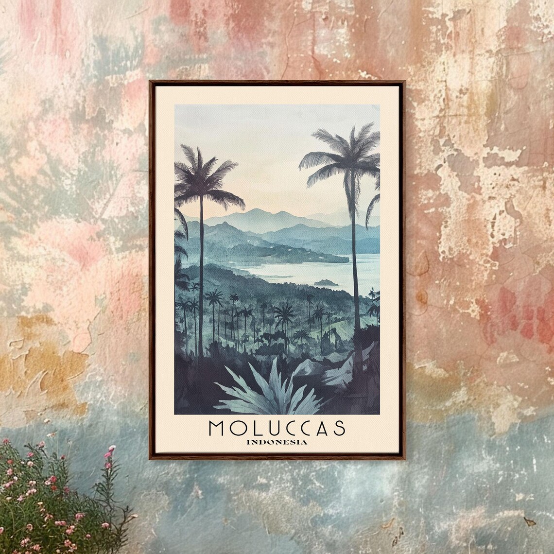 Moluccas Indonesia Misty Jungle Mountains Palm Silhouette Watercolor Poster