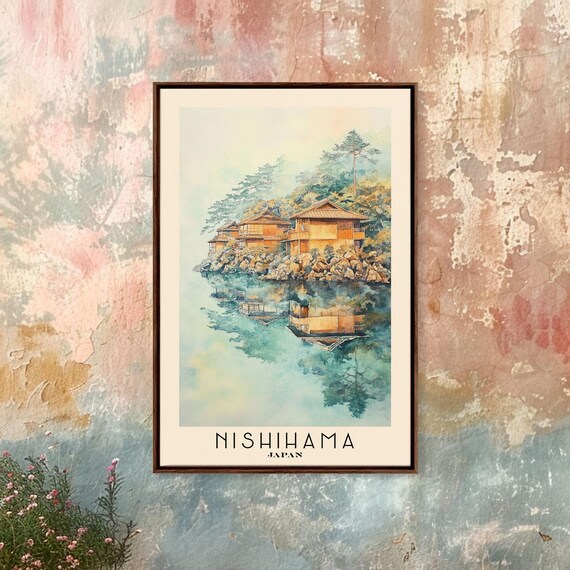 Nishihama Japan Wooden Houses Rocky Shore Mirror Reflection Travel Poster