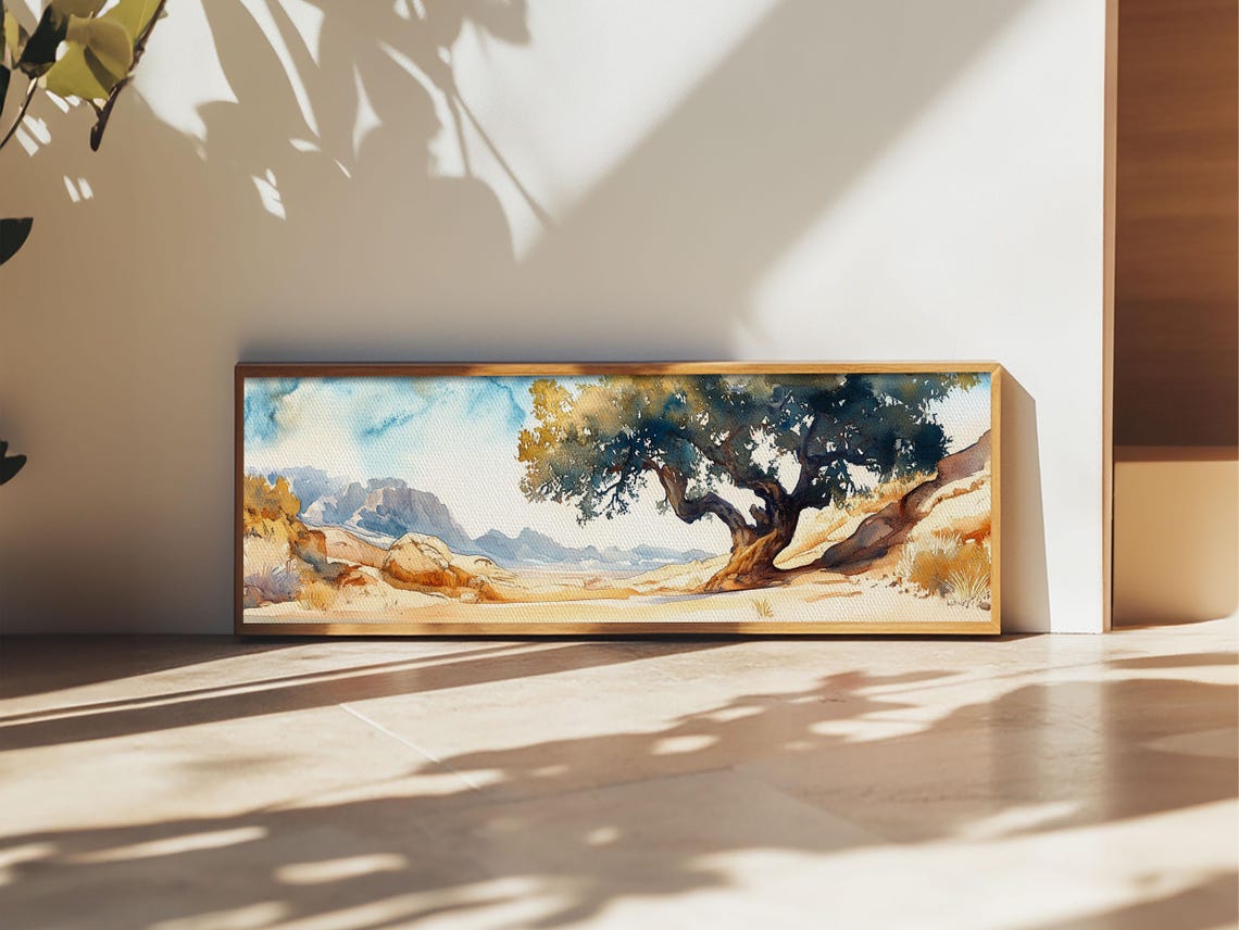 Desert Tree Rocky Hillside Watercolor Panoramic Minimalist Wall Poster - Image 3
