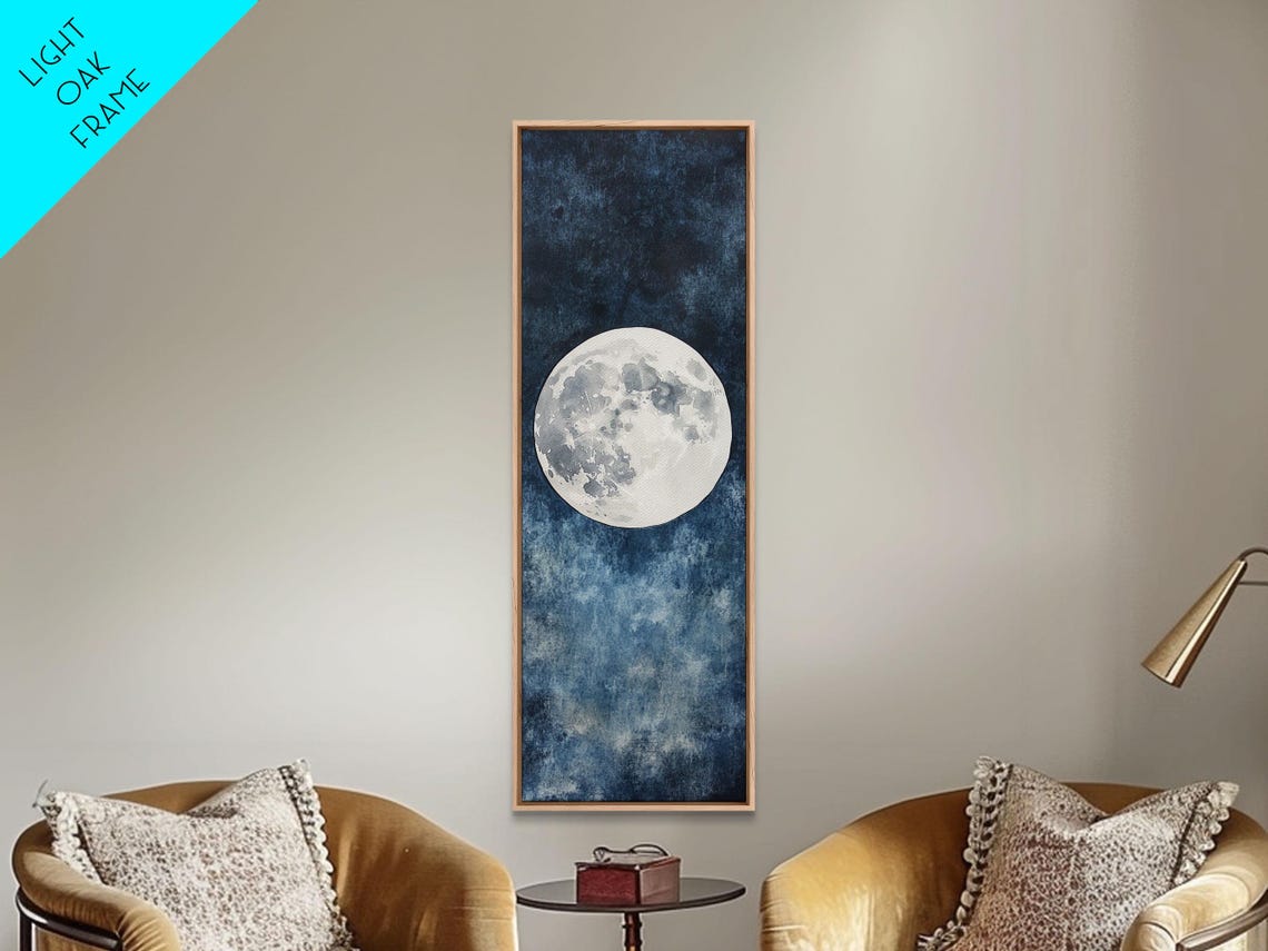 Full Moon Night Sky Glow Dark Blue Celestial Watercolor Wall Art - Image 4