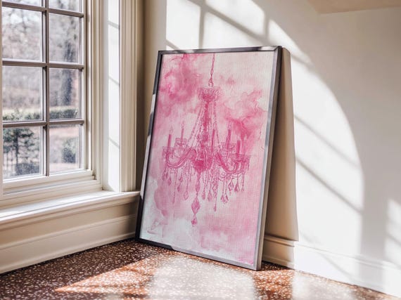 Elegant Chandelier Illustration Framed Print Vintage Pink Wall Art Light Decor Cottagecore Bedroom Or Living Room Gift