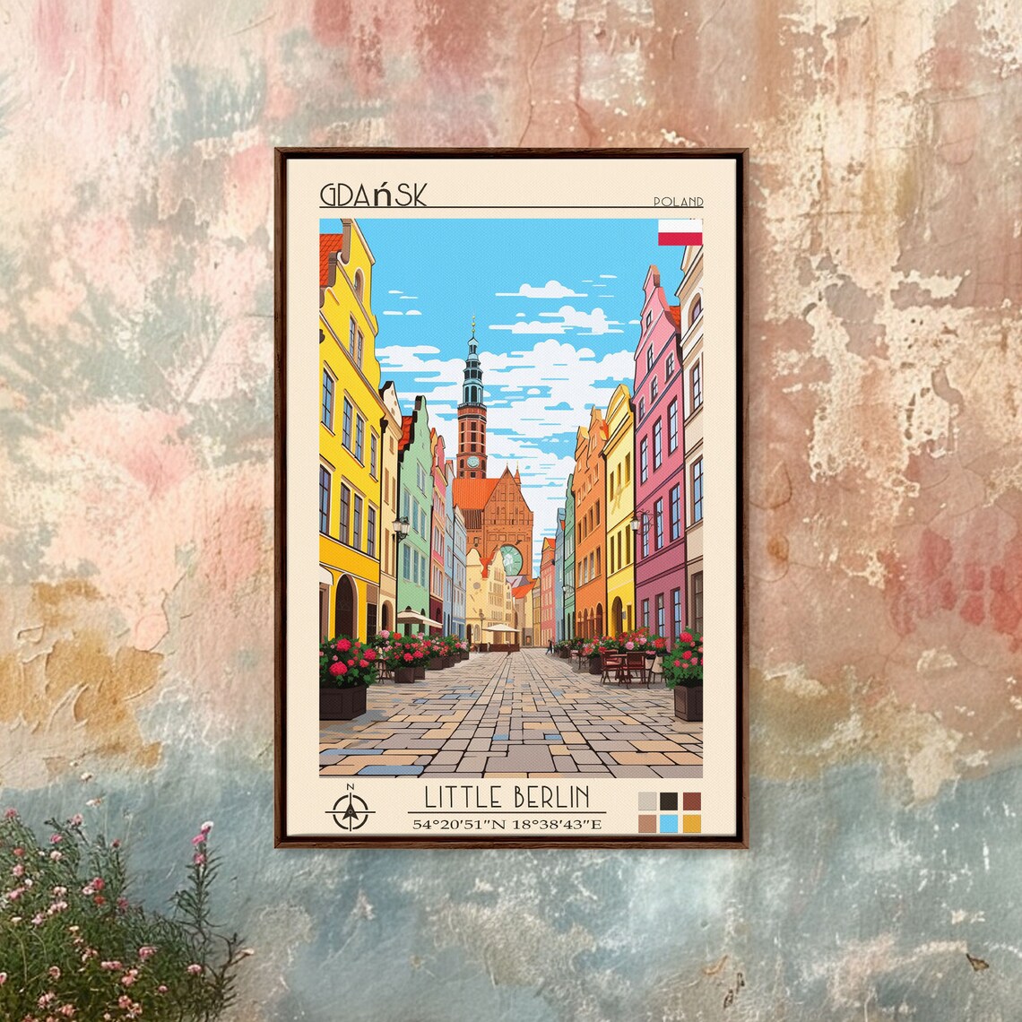 Gdansk Poland Colorful Cobbled Street Flower Planters Tower Poster - Image 3