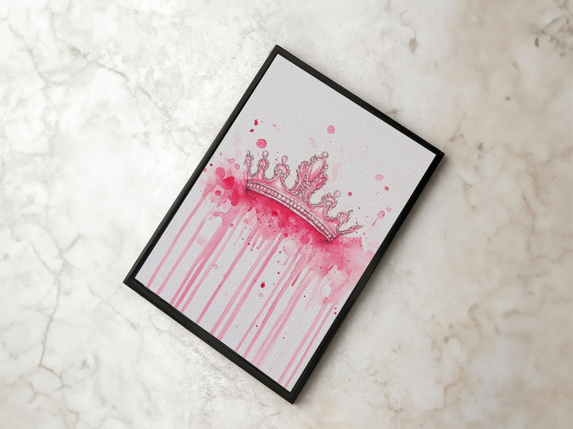 Pink Watercolor Crown Royal Whimsical Princess Feminine Wall Art - Image 3