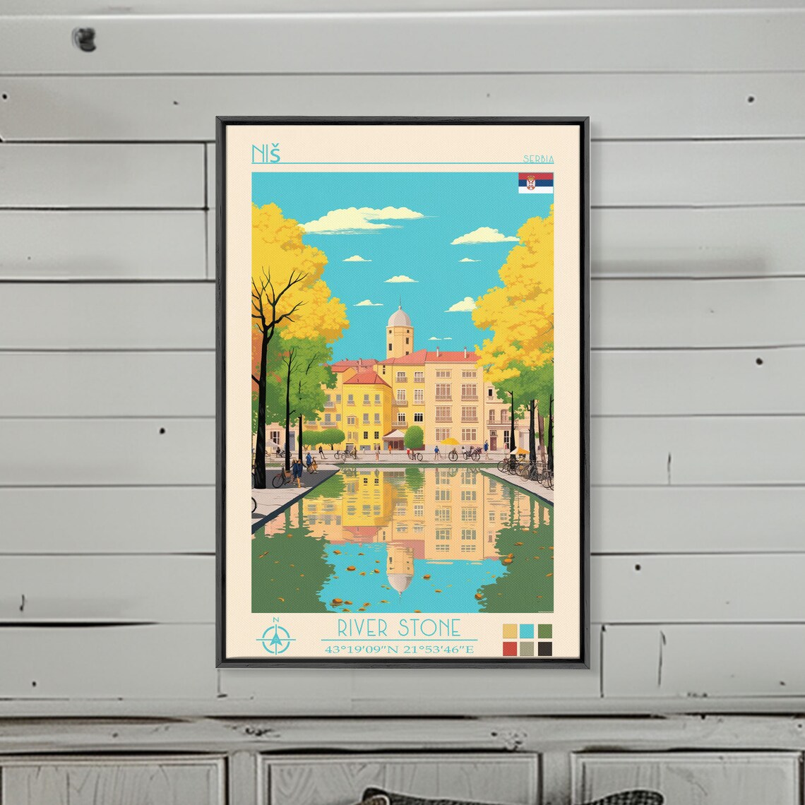 Nis Serbia Canal Reflection Golden Autumn Trees Old Town Travel Poster - Image 2