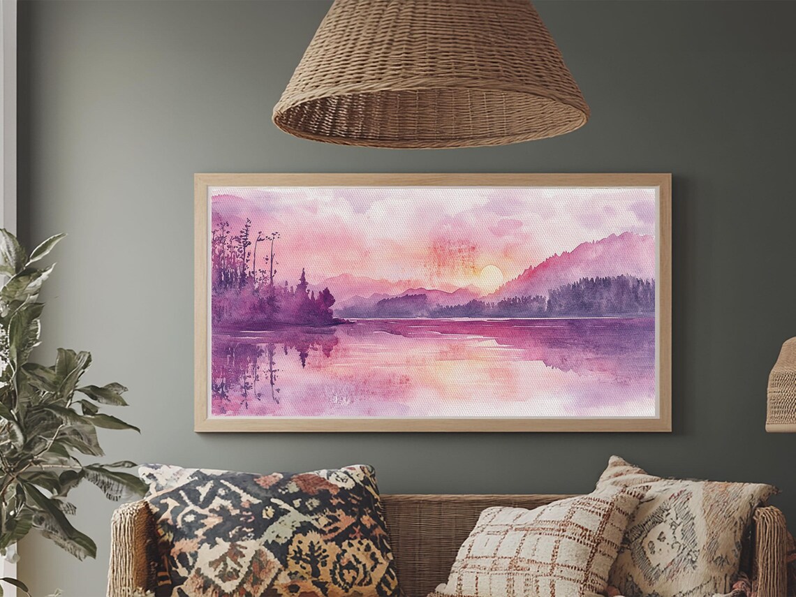 Pink Sunset Lake Landscape Watercolor Mountain Reflections Calm Art Poster - Image 4