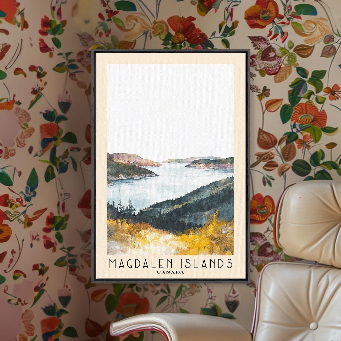 Magdalen Islands Canada Calm Bay Forested Hills Golden Meadow Poster - Image 2
