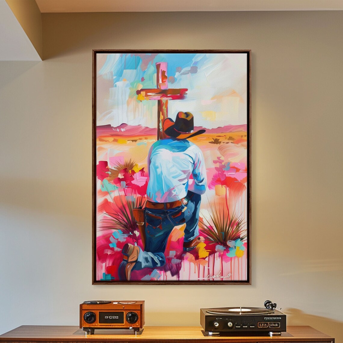 Cowboy Praying by the Cross, Western Wall Art Print - Image 5