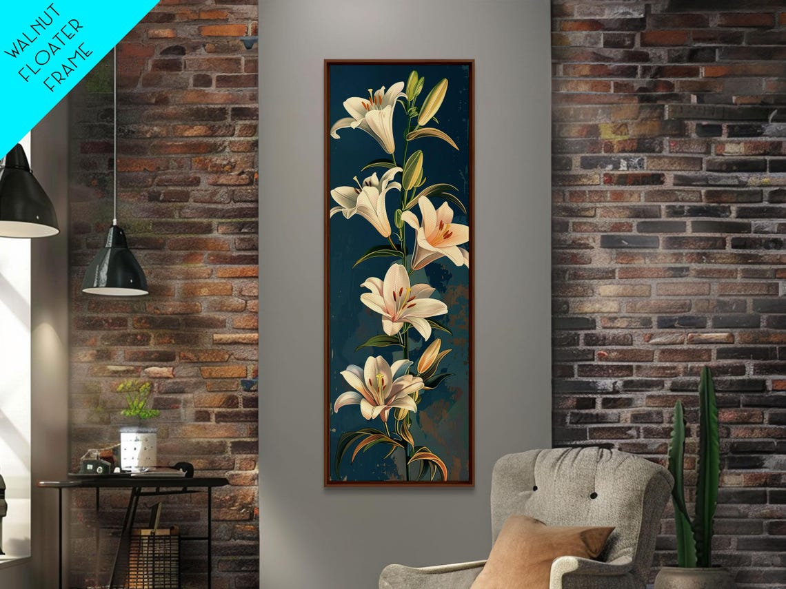 White Lilies On Green Stems Against Deep Teal Ukiyo E Style Art Poster - Image 6