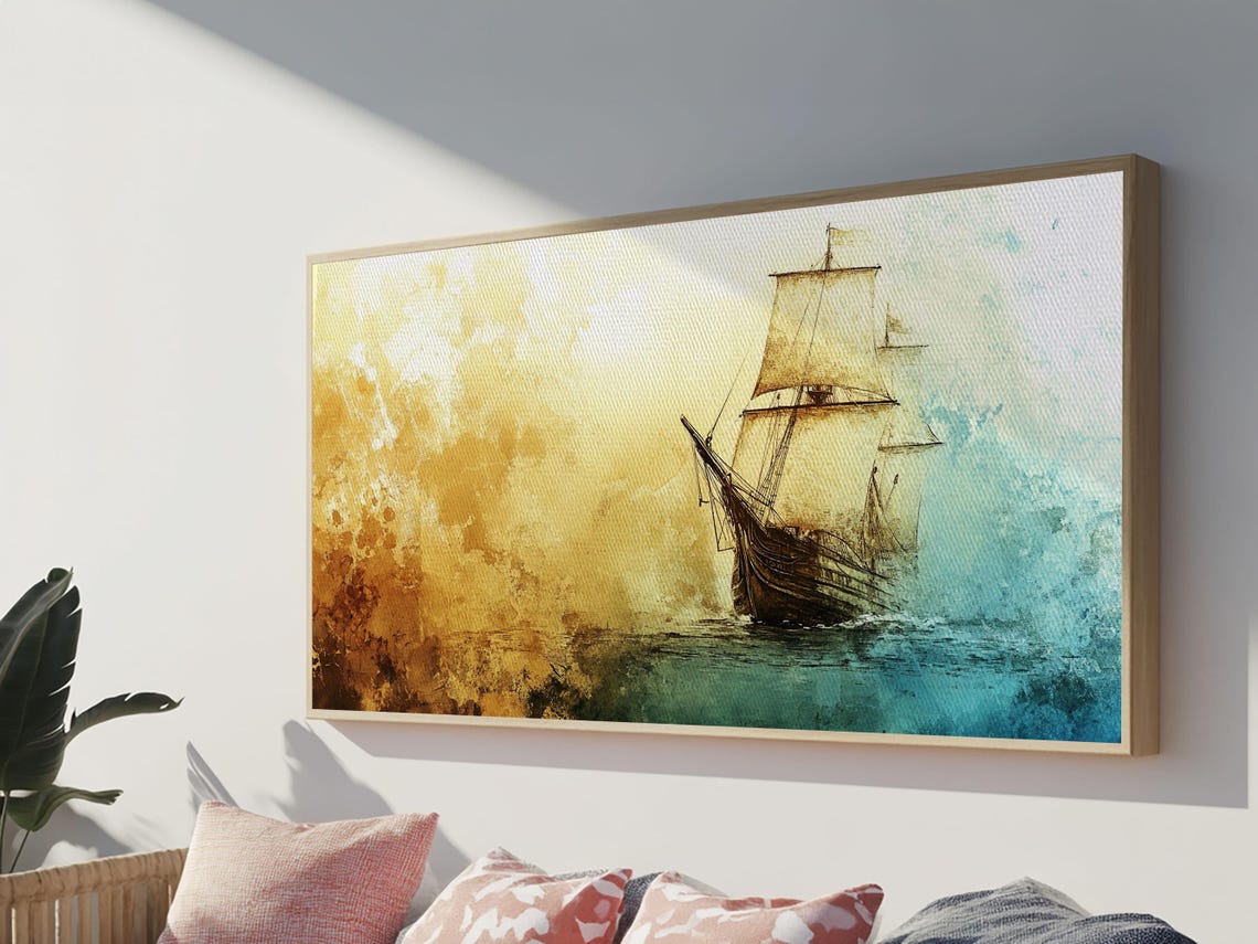 Abstract Pirate Ship Watercolor Golden Teal Ocean Wave Poster - Image 6