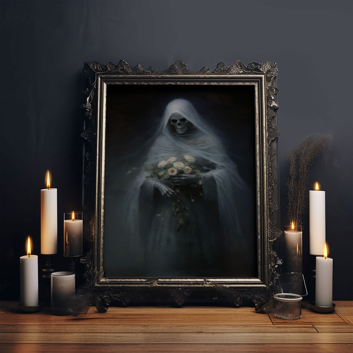 Grim Reaper Holding Flowers, Gothic Halloween Art Print - Image 5