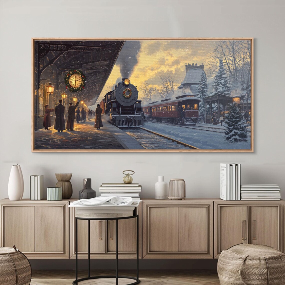Vintage Christmas Train Station Snowy Steam Locomotive Night Poster