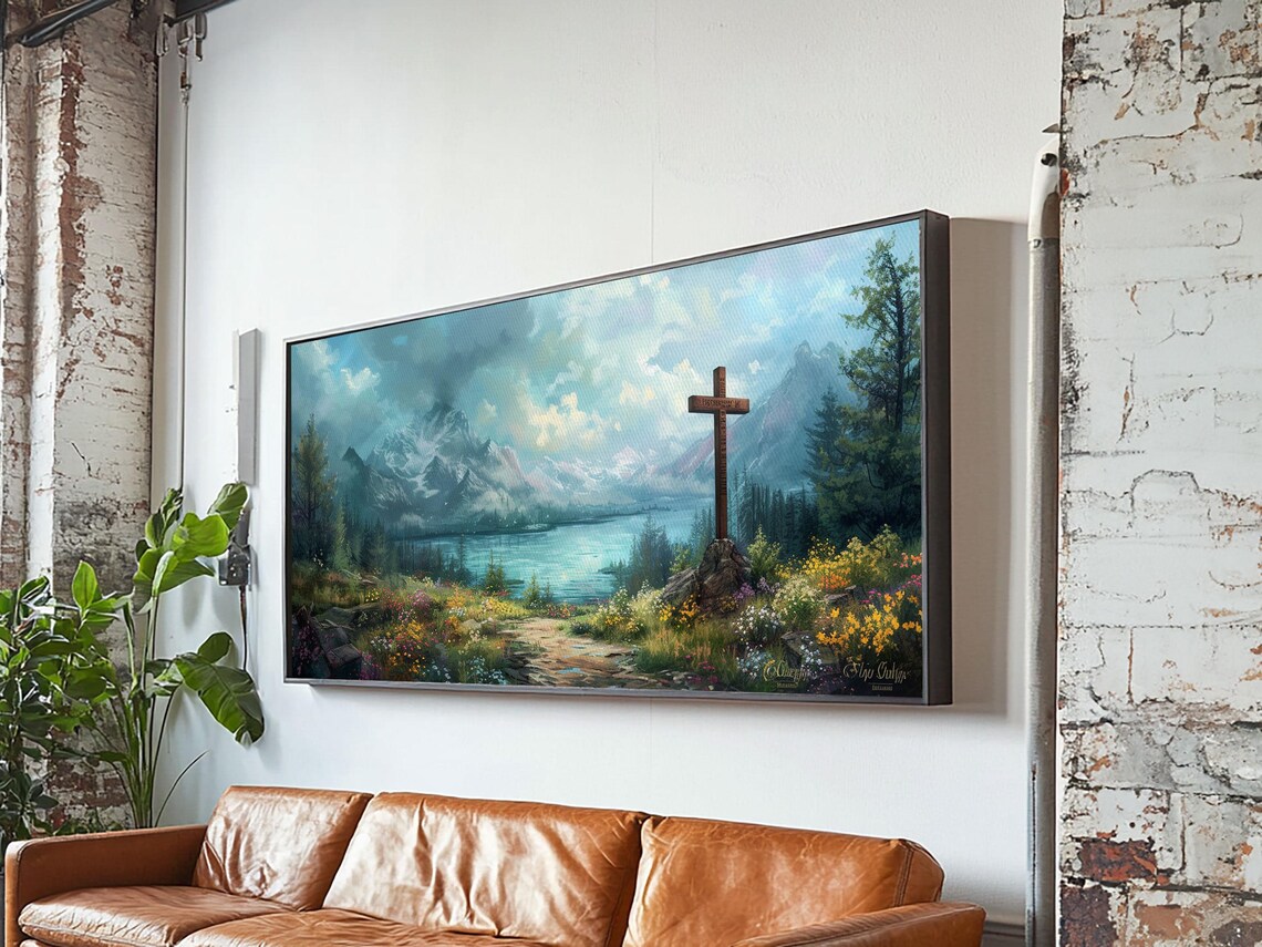 Wooden Cross In Mountain Lake Wildflower Meadow Christian Faith Wall Poster - Image 3
