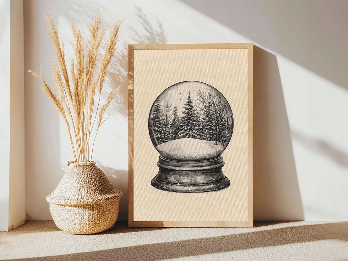 Snow Globe With Winter Pine Forest Sketch Minimalist Christmas Poster - Image 5