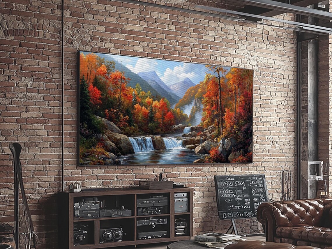 Waterfall In The Forest Landscape Oil Painting Print - Image 2