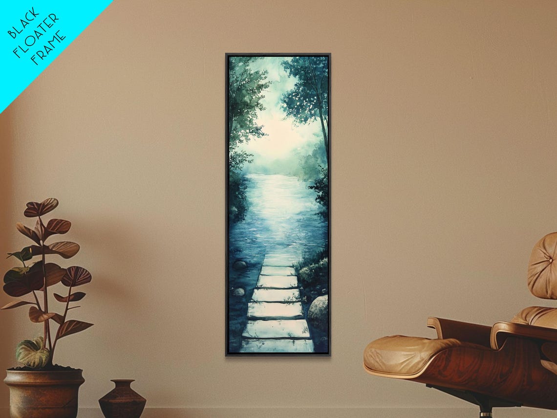 Serene Blue River Stepping Stones Misty Forest Path Art Poster - Image 6