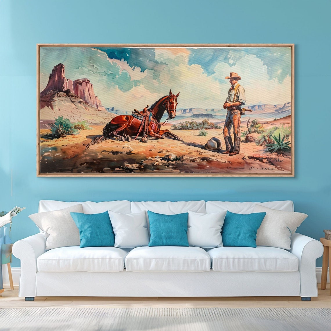 Cowboy Resting Horse Desert Mesas Watercolor Classic Western Poster - Image 3