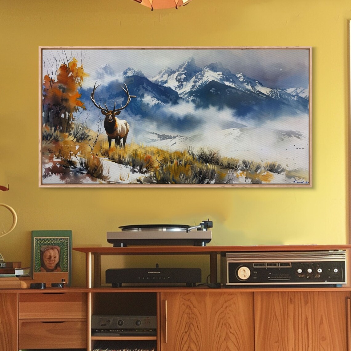 Elk With Grand Antlers In Snowy Mountain Meadow Watercolor Art Poster - Image 3