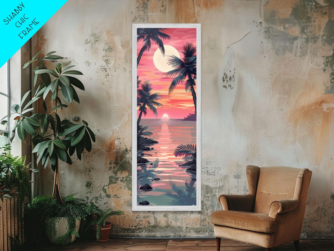 Serene Sunset With Palm Trees And Tranquil Ocean Reflection Ukiyo E Wood Block Tall Skinny Art Framed Print - Image 5