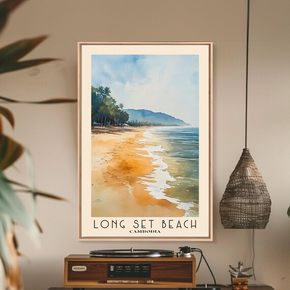 Long Set Beach Cambodia Golden Sand Palm Trees Hills Watercolor Poster