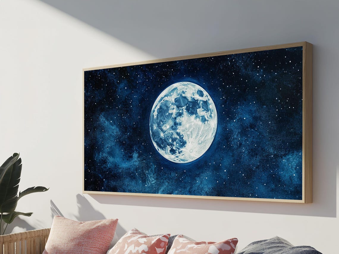 Full Moon Starry Deep Blue Night Sky Celestial Abstract Wall Art - Image 3