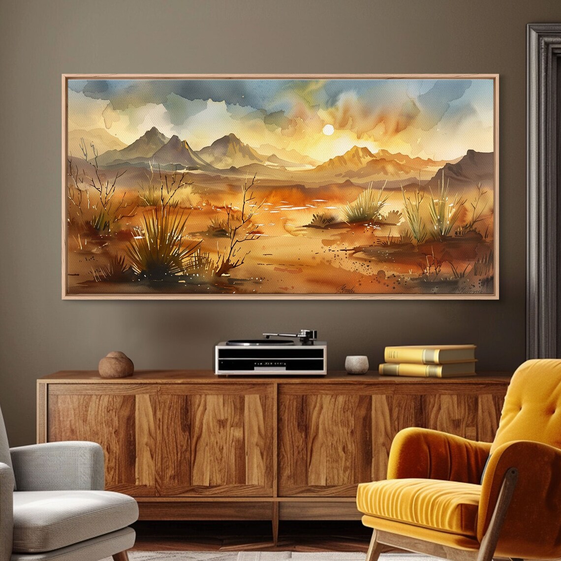 Golden Desert Mountain Watercolor Sunset Amber Landscape Art Poster