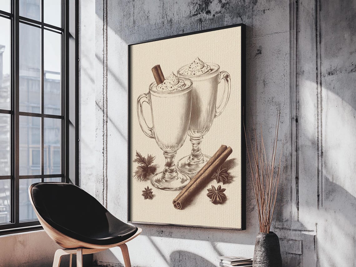 Vintage Eggnog Mugs Whipped Cream Sketch Holiday Drink Poster Art - Image 3