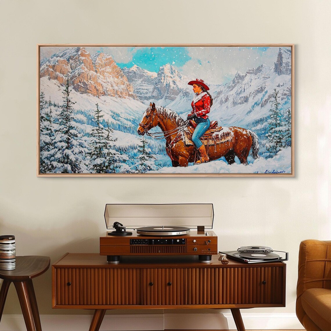 Cowgirl In Red Coat Riding Through Snowy Alpine Mountain Valley Poster - Image 3