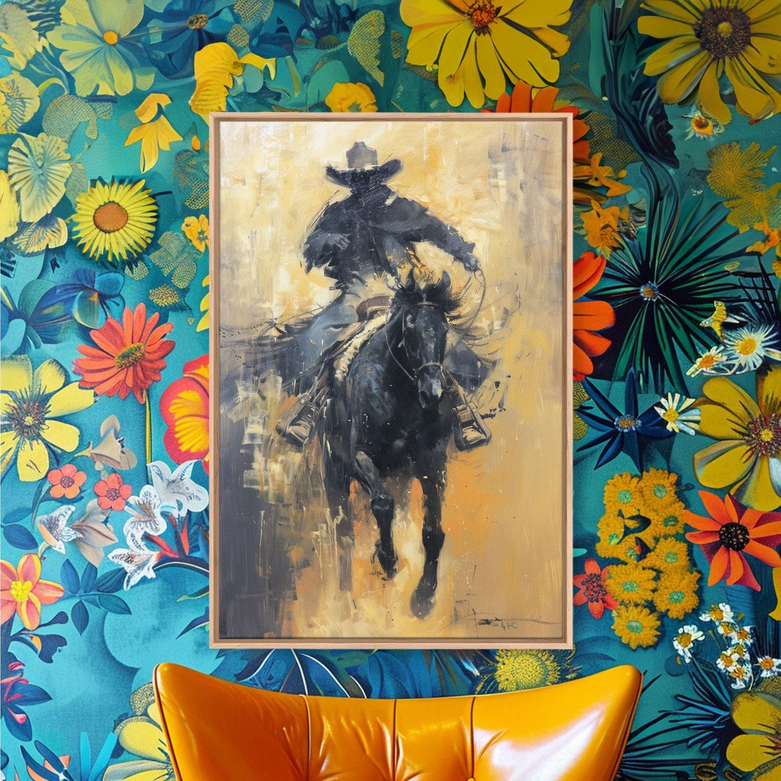 Cowboy On Charging Black Horse Painterly Western Chase Wall Art