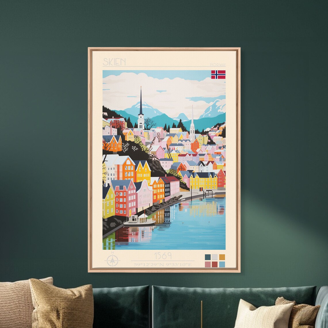 Skien Norway Harbor Colorful Houses Church Spires View Travel Poster - Image 4