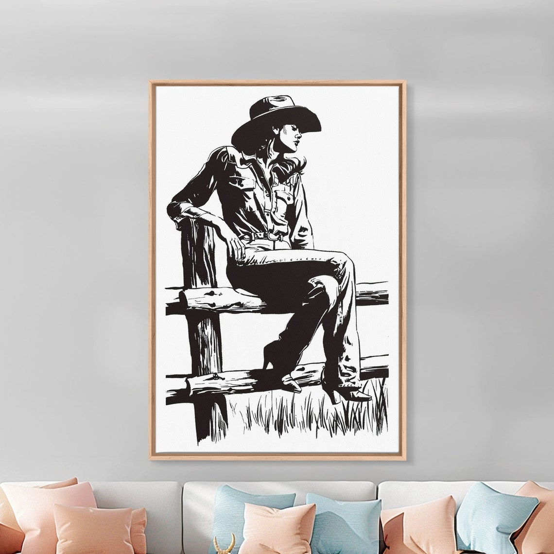 Cowgirl Fence Black White Silhouette Line Art Western Style Wall Print - Image 5